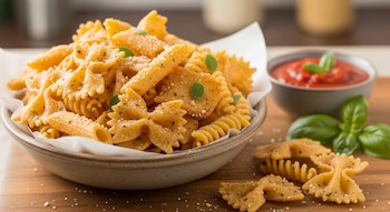 Tazón con pasta crujiente (penne, farfalle, fusilli) espolvoreada con queso y hierbas, junto a un cuenco de salsa de tomate y hojas de albahaca fresca.