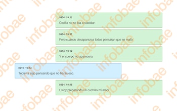Captura de pantalla de una conversación de mensajes de texto en bocadillos de color verde y azul con frases escritas en negro