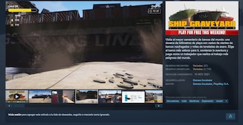 Captura de pantalla de una plataforma de videojuegos que muestra la ficha de Ship Graveyard Simulator con imágenes y texto descriptivo