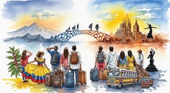 Acuarela de personas con maletas cruzando un puente, entre montañas, planta de café, Sagrada Familia y siluetas de bailaoras, con autobuses.