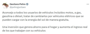 El presidente Gustavo Petro sobre aumento de gasolina y la idea del uso de vehículos eléctricos - crédito @petrogustavo/X