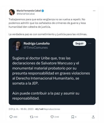 María Fernanda Cabal se pronunció tras lo dicho por Timochenko sobre Álvaro Uribe
