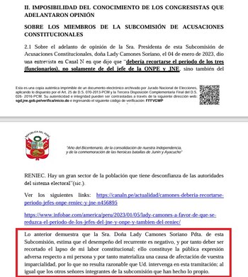Presidente del JNE acusa a Lady Camones, titular de la SAC, de adelantar opinión en su contra.