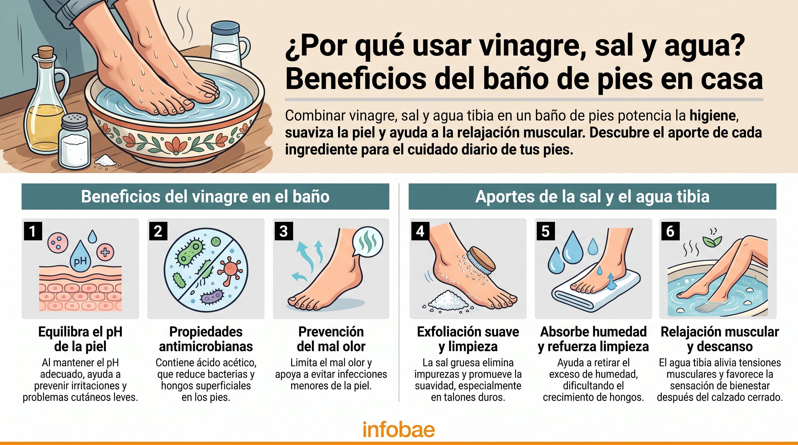 Beneficios del baño de pies con vinagre, sal y agua tibia. (Imagen Ilustrativa Infobae)
