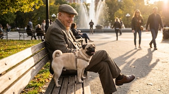 Un hombre mayor de gorra y chaqueta se sienta en un banco de madera con un perro pug a su lado. El sol ilumina la escena en un parque con árboles y una fuente.
