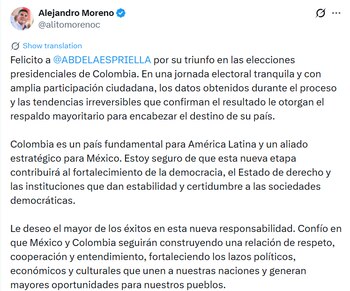 Captura de pantalla de un tuit de Alejandro Moreno Cárdenas con su foto de perfil, felicitando por las elecciones presidenciales de Colombia