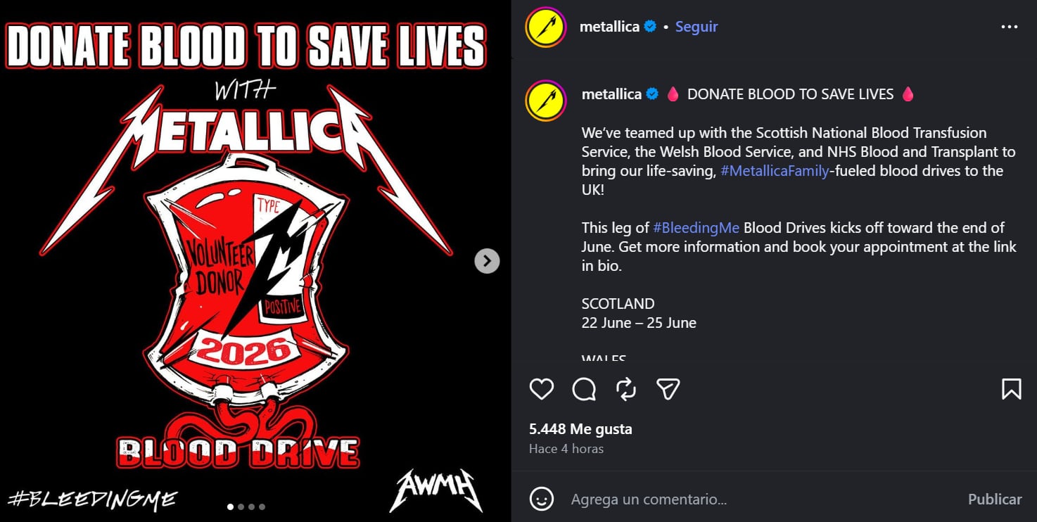 La banda Metallica se asocia con el Scottish National Blood Transfusion Service para lanzar una campaña de donación de sangre que busca salvar vidas. (Metallica)