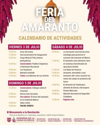 Cartel con el calendario de la Feria del Amaranto. Muestra días, horas y nombres de actividades para el 3, 4 y 5 de julio. Incluye logos gubernamentales