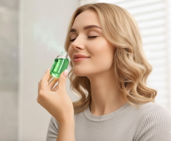 Mujer olfateando un aceite de eucalipto