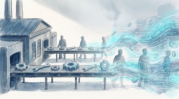 Ilustración acuarela de fábrica con cintas transportadoras, donde piezas y trabajadores se desvanecen en datos digitales y símbolos flotantes con tonos azules y grises.