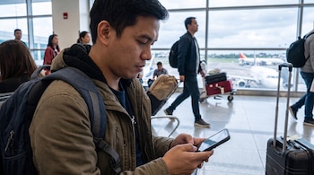 Un hombre joven sentado en un aeropuerto usa un teléfono móvil, lleva una mochila y una chaqueta. De fondo, ventanales con aviones, personas y maletas.