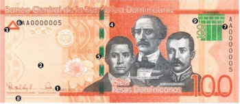 Reverso de un billete de 50 pesos dominicanos en tonos púrpura, mostrando la fachada de la Catedral Primada de América y elementos de seguridad