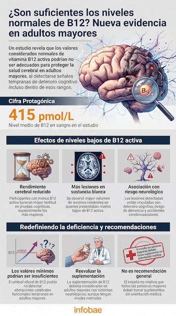 Infografía detallada sobre la vitamina B12 y el cerebro. Muestra un cerebro humano, lupas, gráficos de rendimiento cognitivo y lesiones cerebrales, y recomendaciones médicas.