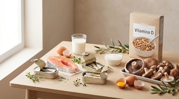 Bodegón gastronómico con filete de salmón, latas de sardinas abiertas, huevos enteros y partidos, un vaso de leche, yogur, champiñones variados y una caja de cereal con 'Vitamina D' visible.