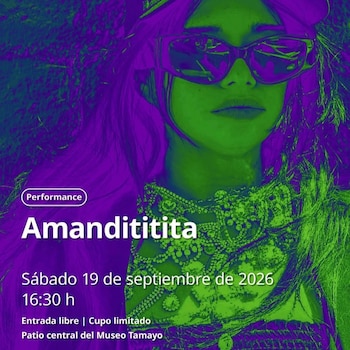 Cartel en tonos morados y verdes con el retrato de una mujer con gafas de sol y el texto informativo del evento de Amandititita