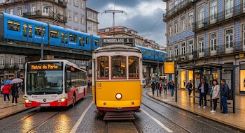 Un tranvía amarillo, un autobús rojo y blanco, un tren de metro azul elevado, personas y edificios con azulejos en una calle empedrada mojada.