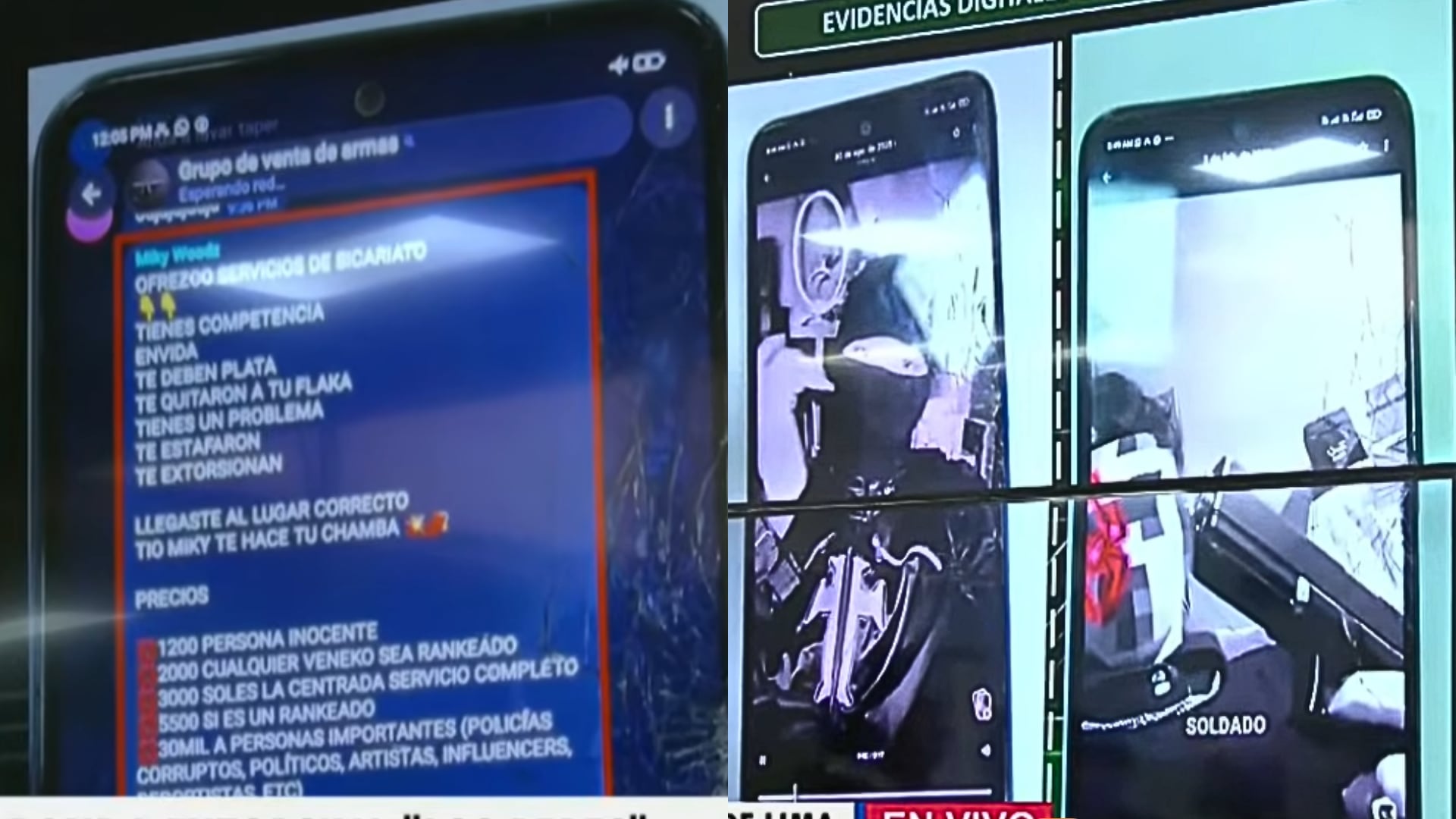 Capturas de pantalla incautadas por la Policía Nacional del Perú muestran los mensajes de texto y las tarifas ofrecidas por un presunto extorsionador en Lima. (Composición: Infobae Perú / TV Perú Noticias)