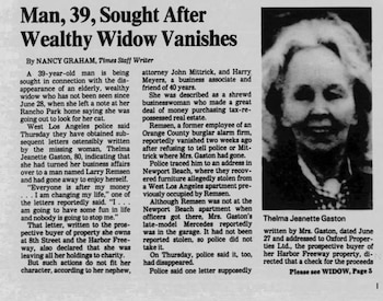 Página de periódico en blanco y negro con titular: "Man, 39, Sought After Wealthy Widow Vanishes", texto en columnas y foto de mujer de edad avanzada