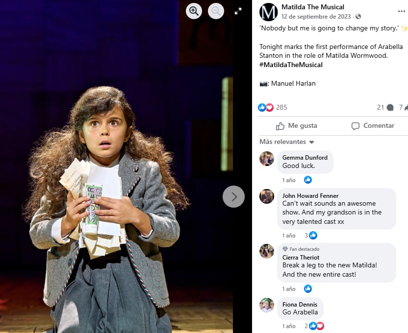 Arabella Stanton ya tiene experiencia actuando, pues interpretó a Matilda en una obra de Londres. (Captura: Facebook)
