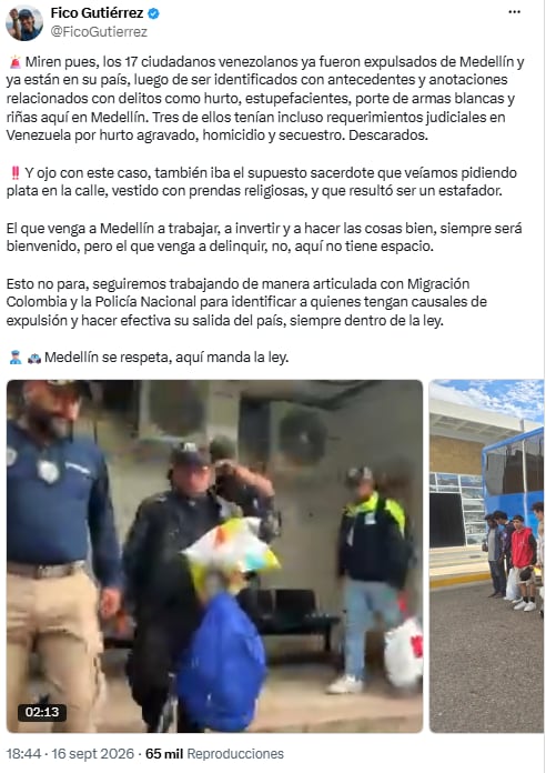 Federico Gutiérrez anticipó más operativos contra extranjeros con causales de expulsión - crédito @FicoGutierrez/X