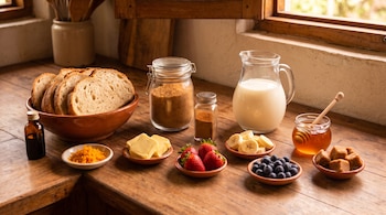 Rebanadas de pan, frasco con azúcar morena, canela molida, jarra de leche, botella, ralladura de cítrico, mantequilla, fresas, plátanos, arándanos, miel, cubos de panela.
