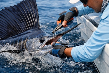 Pescador con guantes azules y negros, inclinado desde un barco, libera un anzuelo de la boca de un pez vela plateado con una aleta dorsal oscura, en aguas oceánicas salpicadas.
