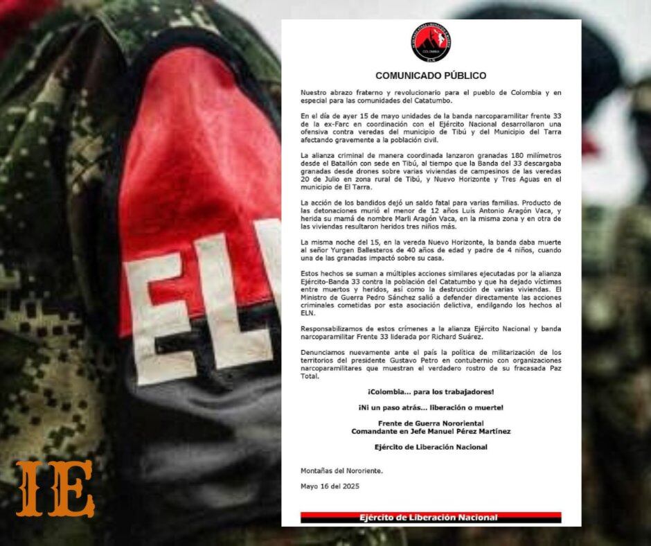 Según el ELN, los explosivos lanzados desde drones y bases militares impactaron a civiles en el Catatumbo, dejando muertos y heridos - crédito @InteligenciaEs/X