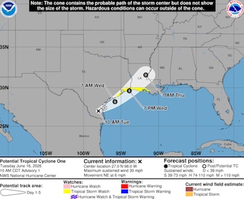 Mapa del Centro Nacional de Huracanes mostrando la trayectoria pronosticada del Huracán Melissa desde el Golfo de México hasta Luisiana, con conos y zonas de alerta