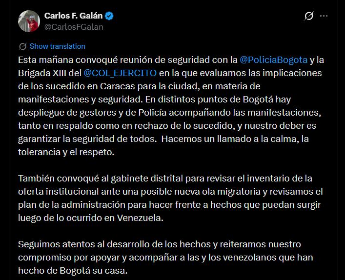 El alcalde Carlos Fernando Galán anunció despliegue policial y de gestores para garantizar seguridad en manifestaciones - crédito @CarlosFGalan/X