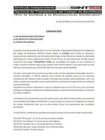 Trabajadores sindicalizados del Colegio de