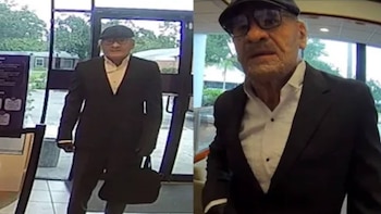 Dos tomas de cámara de vigilancia que muestran a un hombre vestido con traje formal oscuro, boina y lentes dentro de un edificio