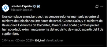 La eliminación de la visa entre Colombia e Israel revierte las restricciones impuestas desde mayo de 2025 por ambos gobiernos - crédito @IsraelinSpanish/X