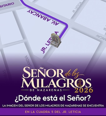 Mapa con un trazado morado, un ícono de un anda sobre una calle y textos informativos en tonos morados y blancos