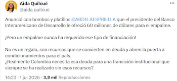 Aida Quilcué cuestionó crédito de 60 millones de dólares anunciado por Abelardo de la Espriella para transición gubernamental - crédito @aida_quilcue/X