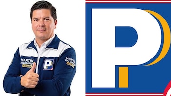 Fotografía de Martín Palomino haciendo un gesto con el pulgar y el logotipo con la letra P del partido Podemos Perú