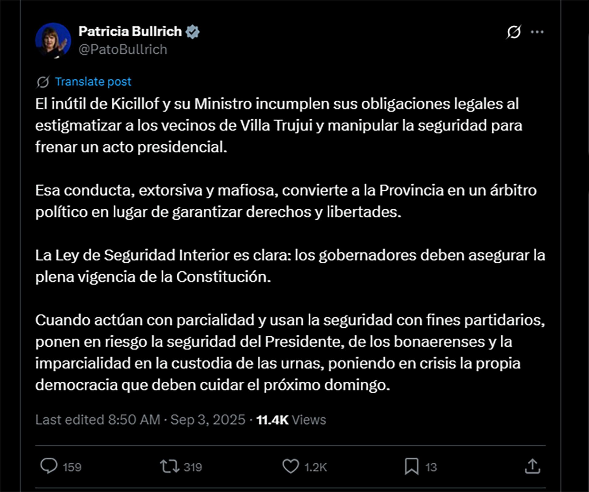 El posteo de la ministra de Seguridad nacional, Patricia Bullrich.
