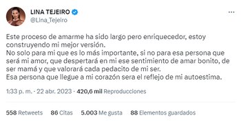 Mensaje de Lina Tejeiro en su cuenta de Twitter respecto al amor propio
