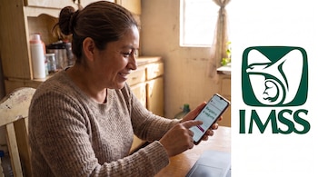 Mujer de perfil con suéter sonriendo, sostiene un teléfono móvil que muestra "Registro a seguro", al lado derecho un logo grande del IMSS sobre fondo blanco.