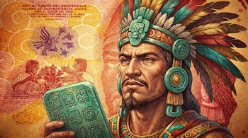 Retrato de Nezahualcóyotl, un hombre con tocado de plumas y barba, sosteniendo una tablilla de piedra verde con glifos, sobre un fondo de patrones dorados y rojos.