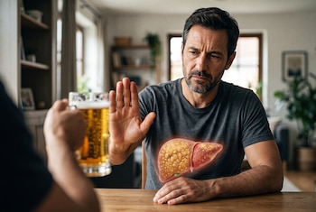 Un hombre sentado frente a una mesa levanta la mano para rechazar un vaso de cerveza y lleva una ilustración de un hígado en el pecho