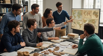Siete personas en un laboratorio con una pantalla que muestra mapas. Hay libros abiertos, fósiles variados y un teclado sobre una mesa oscura.