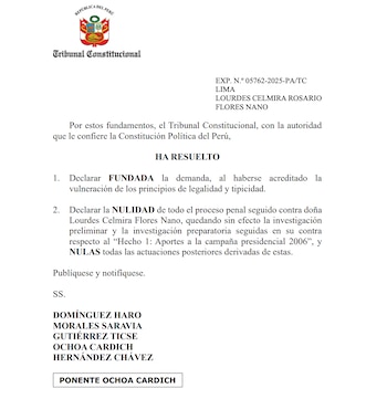 Documento oficial del Tribunal Constitucional del Perú sobre el fallo del expediente a favor de Lourdes Flores Nano