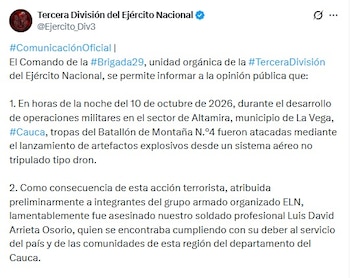 El Ejército Nacional denunció un ataque con drones cargados de explosivos atribuido al ELN en La Vega, Cauca - crédito @Ejercito_Div3/X
