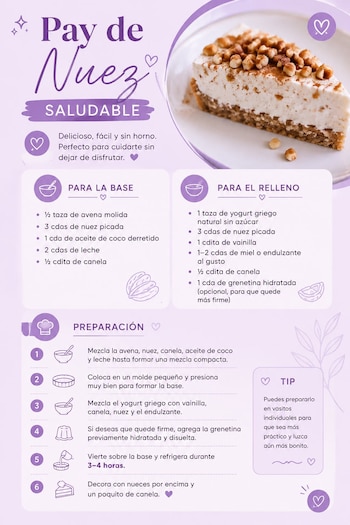 Pay de nuez elaborado con una base de avena y un relleno cremoso de yogur griego, una alternativa fácil y sin horno para disfrutar como postre