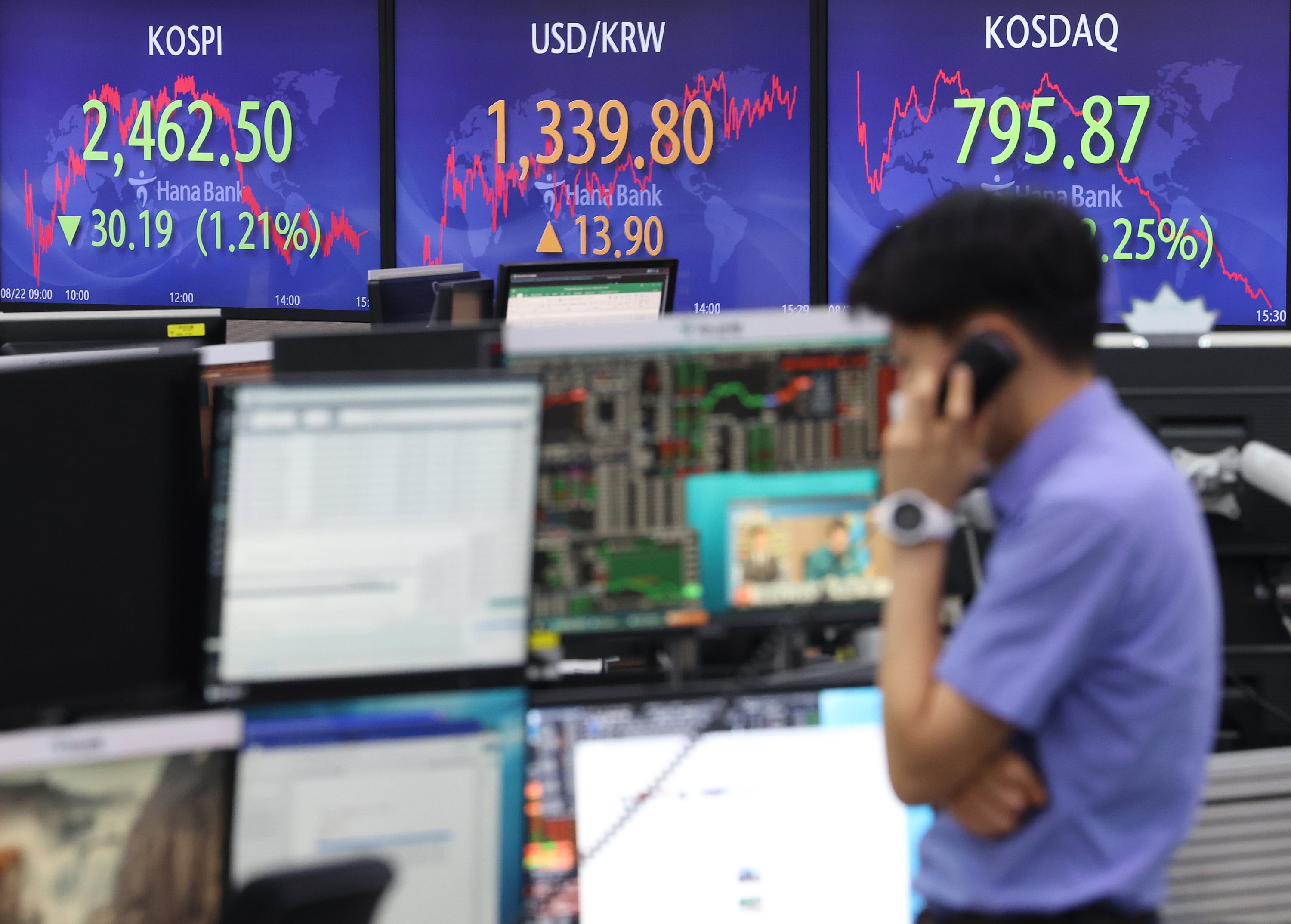 Un panel electrónico en la sala de operaciones del Banco Hana en Seúl (Europa Press/Archivo)