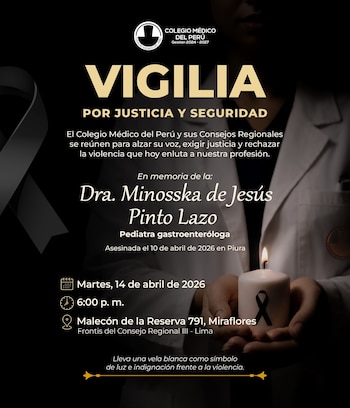 Manos en bata médica sosteniendo una vela blanca encendida con lazo negro. Un lazo de luto grande a la izquierda. Texto principal: VIGILIA POR JUSTICIA Y SEGURIDAD