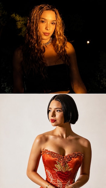 Dos retratos fotográficos. Arriba, Mía Rubín, con cabello rizado y joyas, iluminada por luz cálida. Abajo, Ángela Aguilar, con corte bob y labial rojo, vestida de naranja