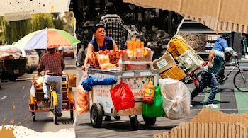 Imagen tipo collage con un hombre en un triciclo, una mujer vendiendo en un puesto móvil y otro hombre transportando bultos en una carretilla, en calles mexicanas.