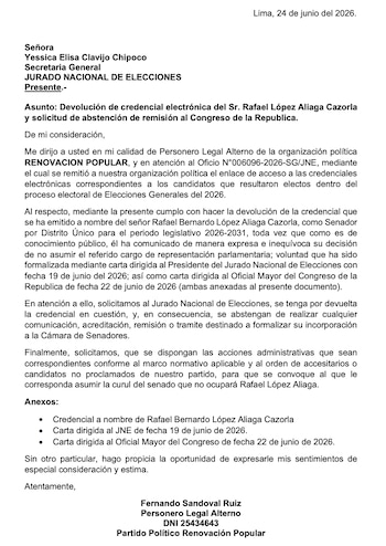 Renovación Popular devuelve credencial de Rafael López Aliaga al JNE