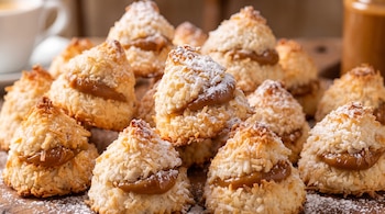 Conitos de coco, dulce de leche, azúcar impalpable, taza blanca, envase de vidrio, superficie de madera.